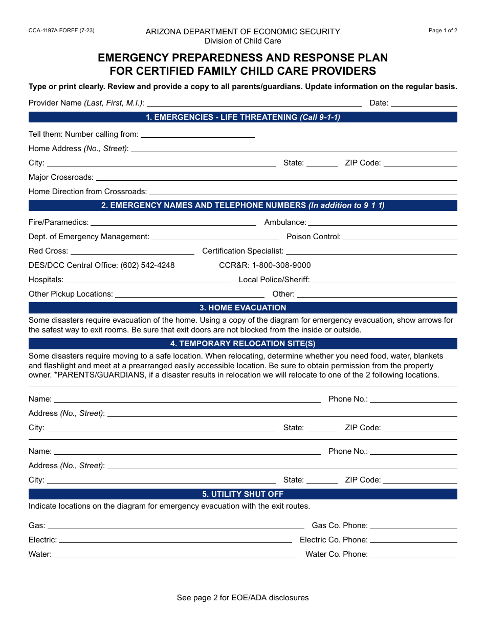 Form CCA-1197A Emergency Preparedness and Response Plan for Certified Family Child Care Providers - Arizona, Page 1