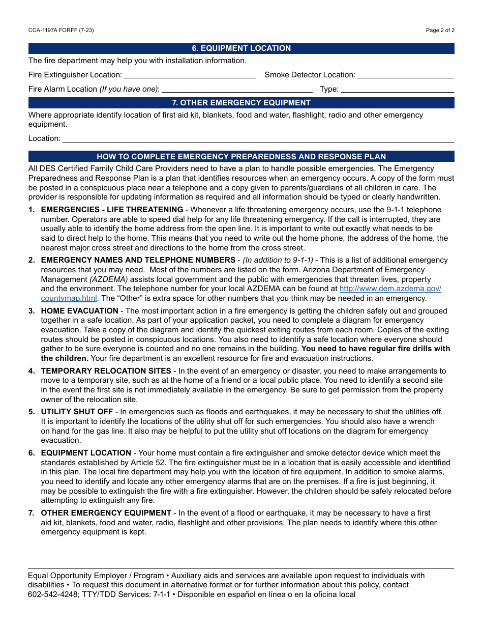 Form CCA-1197A Emergency Preparedness and Response Plan for Certified Family Child Care Providers - Arizona, Page 2