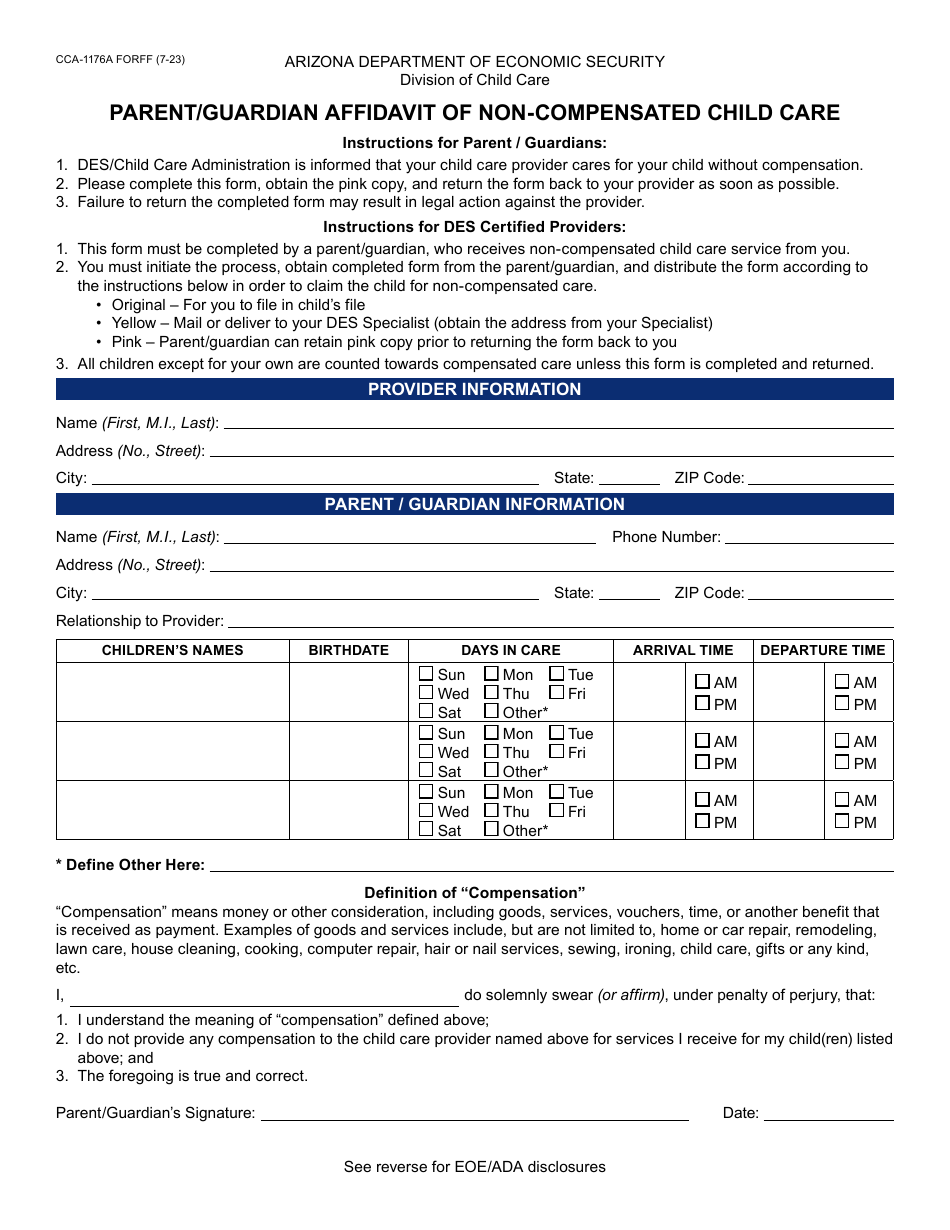 Form CCA-1176A Parent / Guardian Affidavit of Non-compensated Child Care - Arizona, Page 1