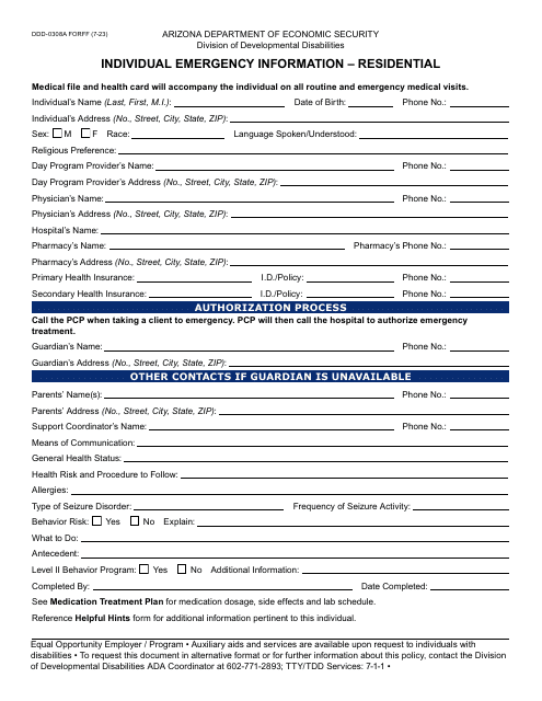 Form DDD-0308A Individual Emergency Information - Residential - Arizona