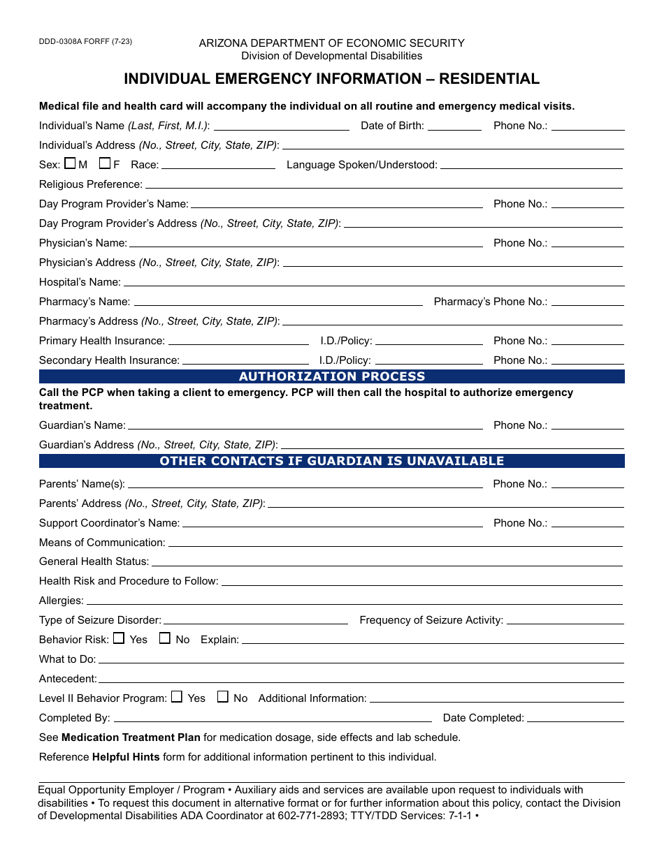 Form DDD-0308A Individual Emergency Information - Residential - Arizona, Page 1