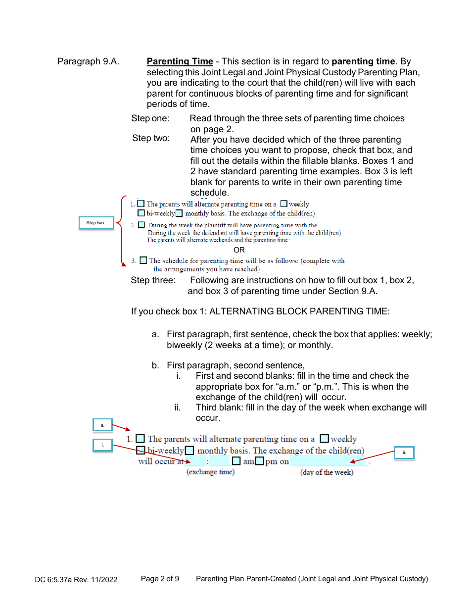 Instructions for Form DC6:5.37 Parenting Plan Parent-Created (Joint Legal and Joint Physical Custody) - Nebraska, Page 2