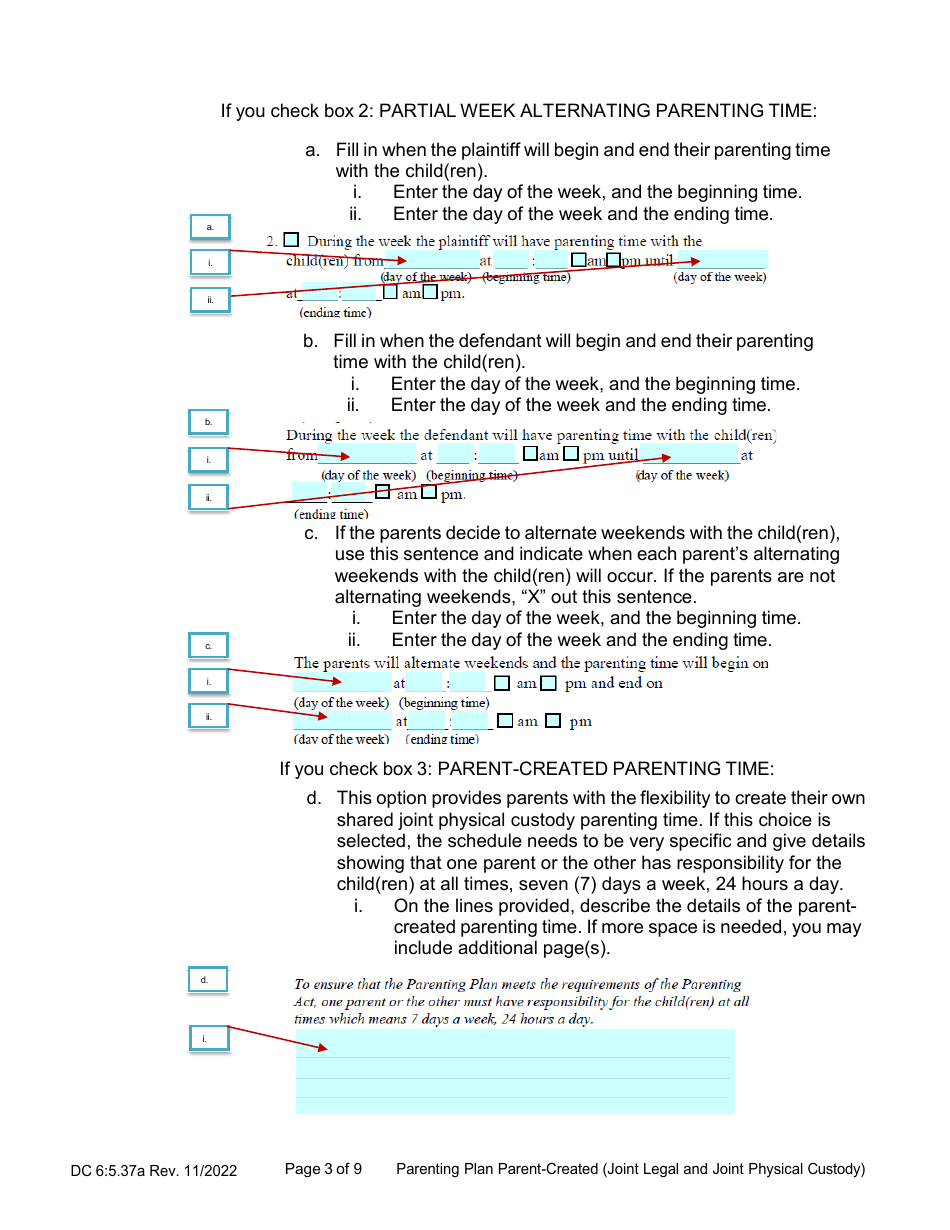 Instructions for Form DC6:5.37 Parenting Plan Parent-Created (Joint Legal and Joint Physical Custody) - Nebraska, Page 3