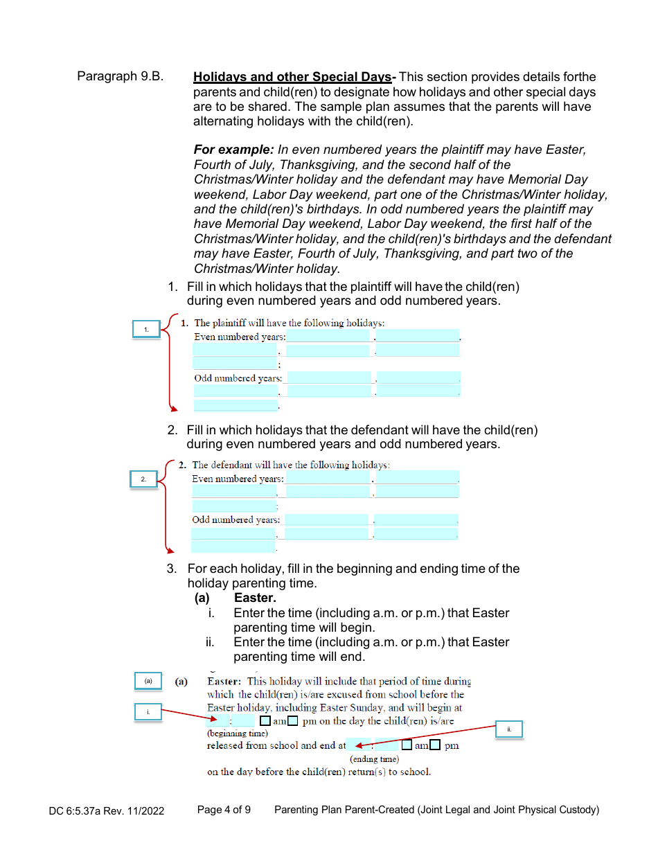 Instructions for Form DC6:5.37 Parenting Plan Parent-Created (Joint Legal and Joint Physical Custody) - Nebraska, Page 4