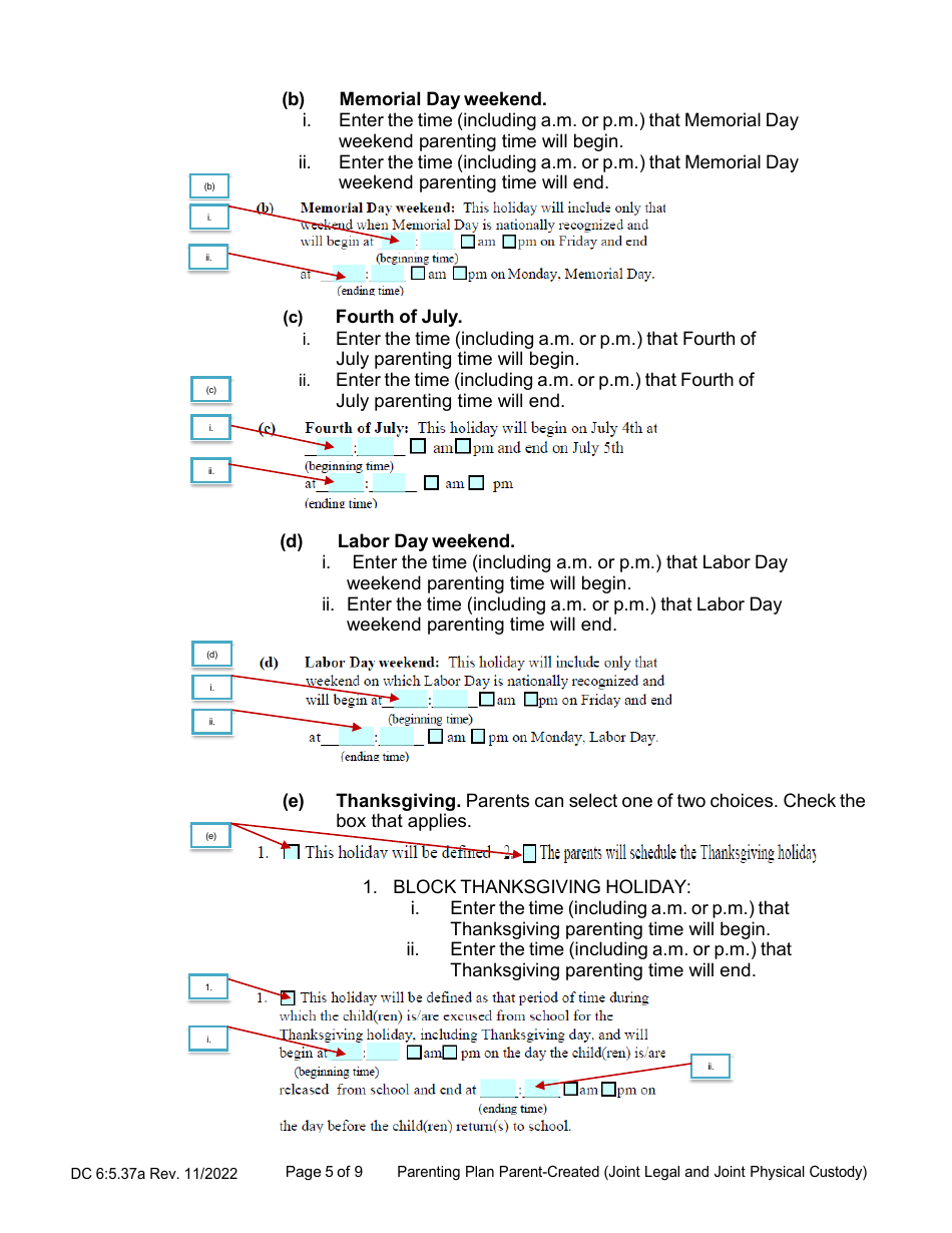 Instructions for Form DC6:5.37 Parenting Plan Parent-Created (Joint Legal and Joint Physical Custody) - Nebraska, Page 5