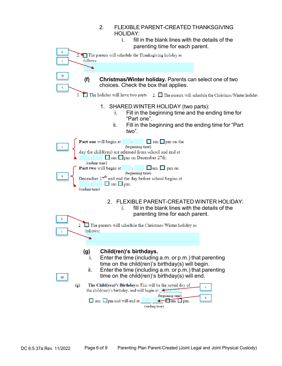 Instructions for Form DC6:5.37 Parenting Plan Parent-Created (Joint Legal and Joint Physical Custody) - Nebraska, Page 6