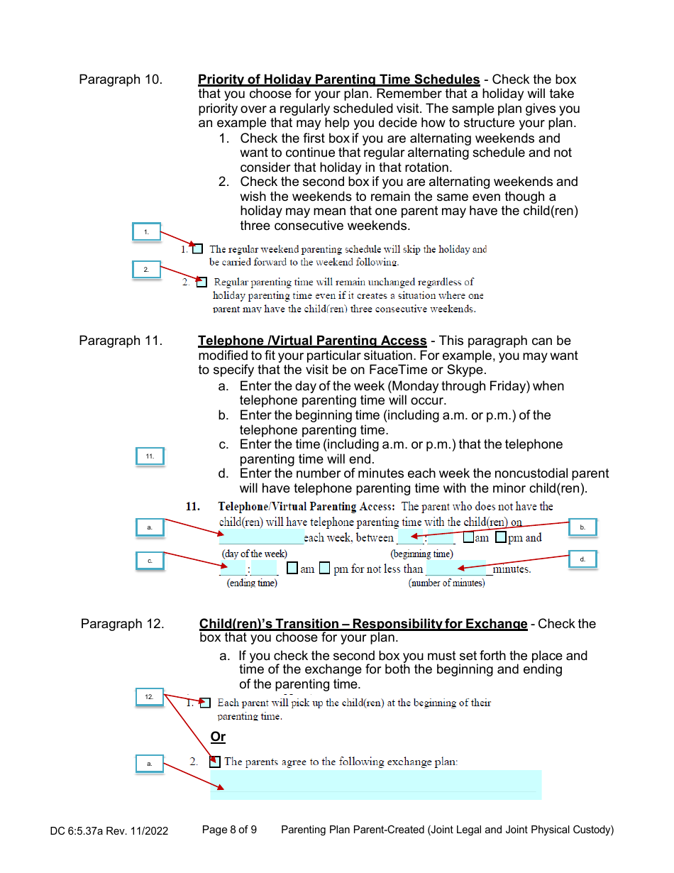Instructions for Form DC6:5.37 Parenting Plan Parent-Created (Joint Legal and Joint Physical Custody) - Nebraska, Page 8