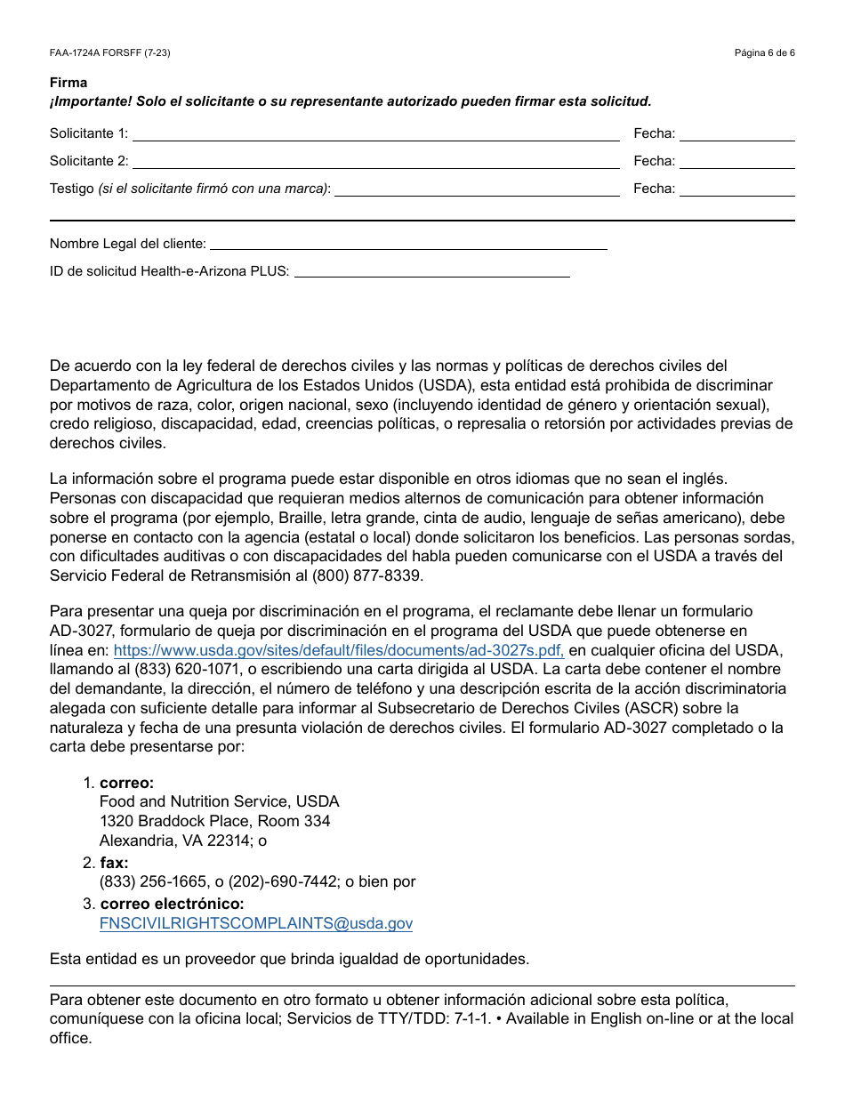 Formulario FAA-1724A-S Paginas De Firma De La Solicitud - Arizona (Spanish), Page 6
