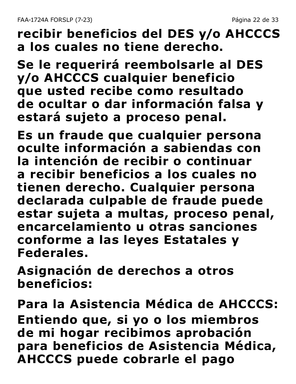 Formulario FAA-1724A-SLP Paginas De Firma De La Solicitud (Letra Grande) - Arizona (Spanish), Page 22
