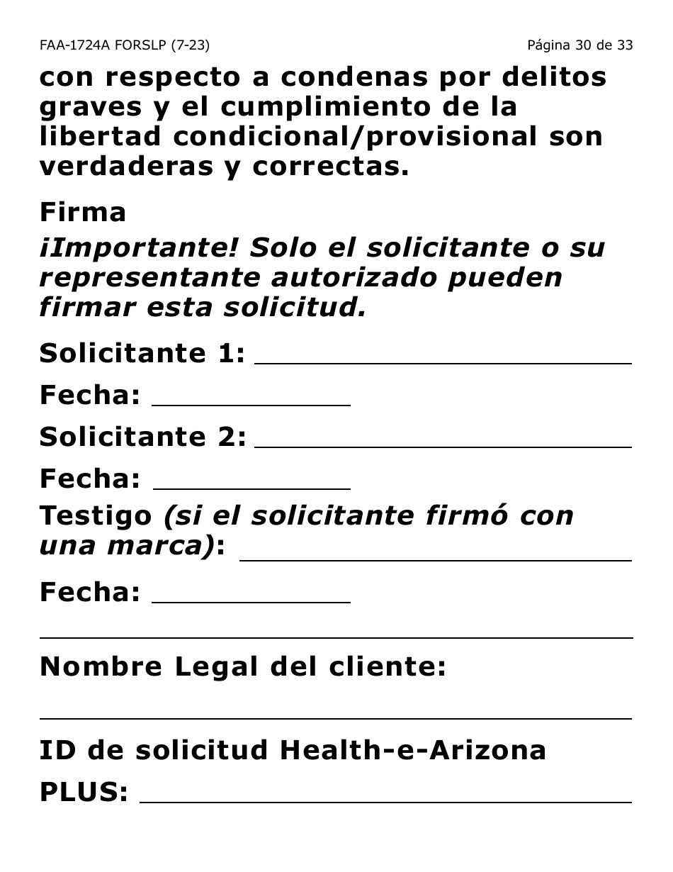 Formulario FAA-1724A-SLP Paginas De Firma De La Solicitud (Letra Grande) - Arizona (Spanish), Page 30