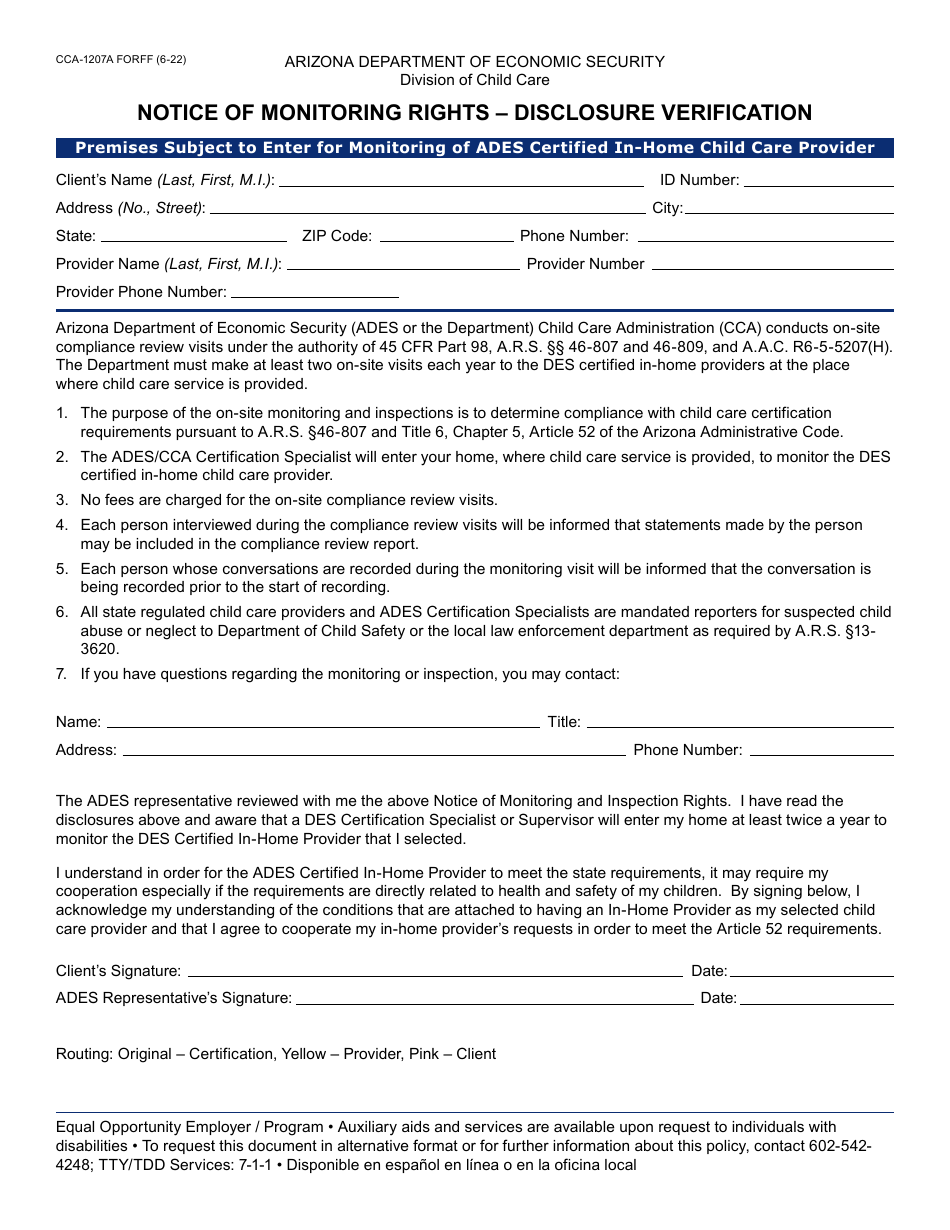 Form CCA-1207A Notice of Monitoring Rights - Disclosure Verification - Arizona, Page 1