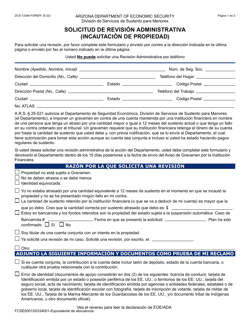 Formulario DCS-1339A-S Solicitud De Revision Administrativa (Incautacion De Propiedad) - Arizona (Spanish), Page 1