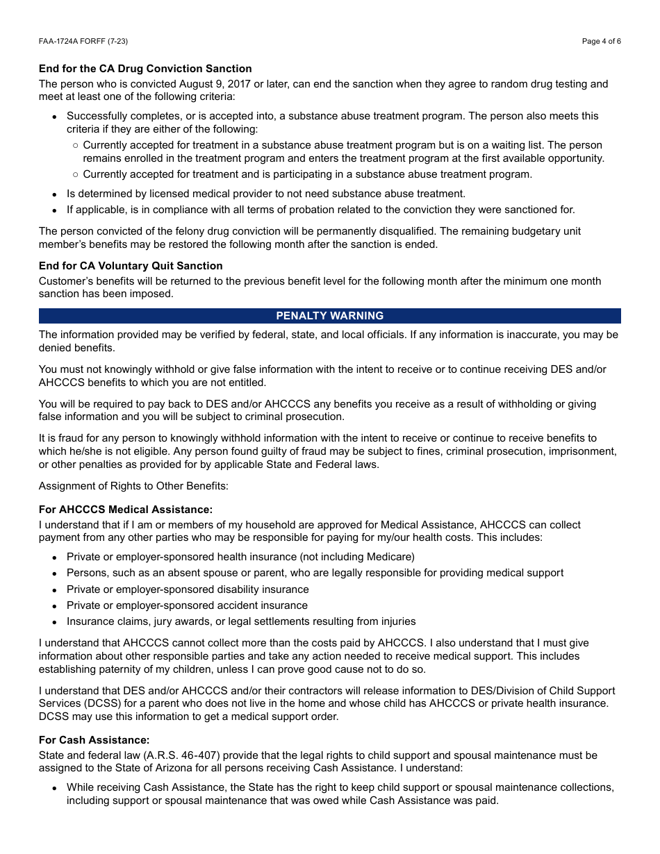 Form FAA-1724A Application Signture Pages - Arizona, Page 4