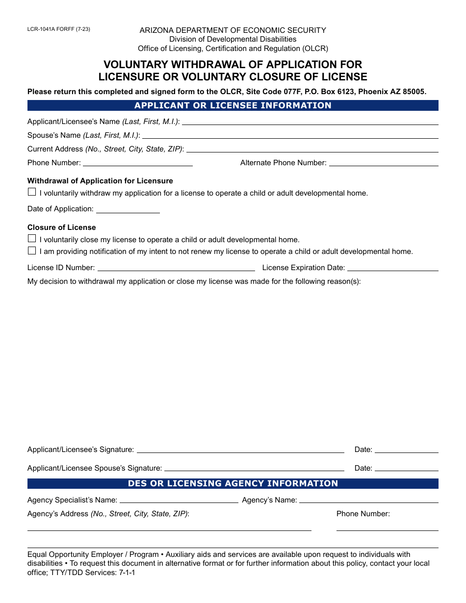 Form LCR-1041A Voluntary Withdrawal of Application for Licensure or Voluntary Closure of License - Arizona, Page 1