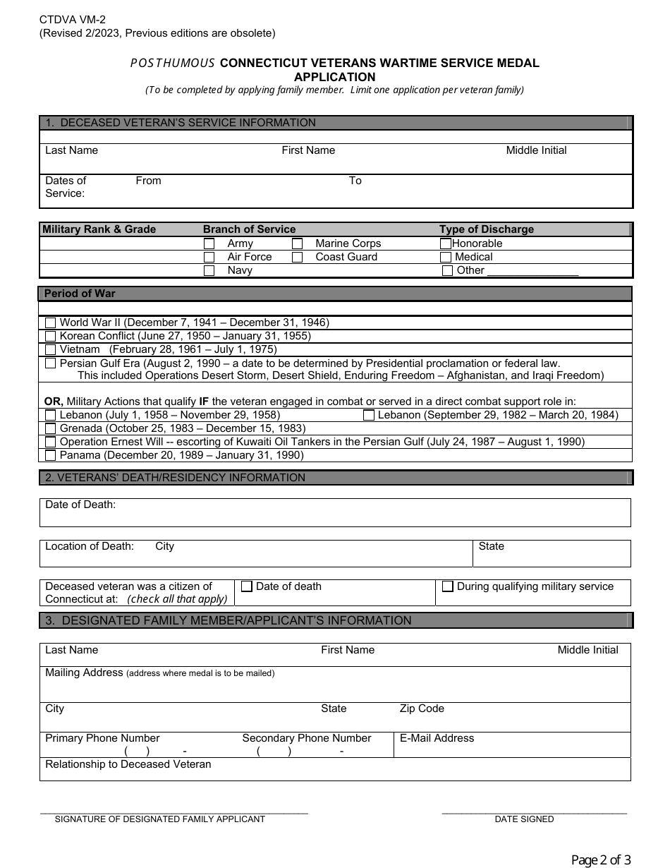 Form CTDVA VM-2 Posthumous Connecticut Veterans Wartime Service Medal Application - Connecticut, Page 2
