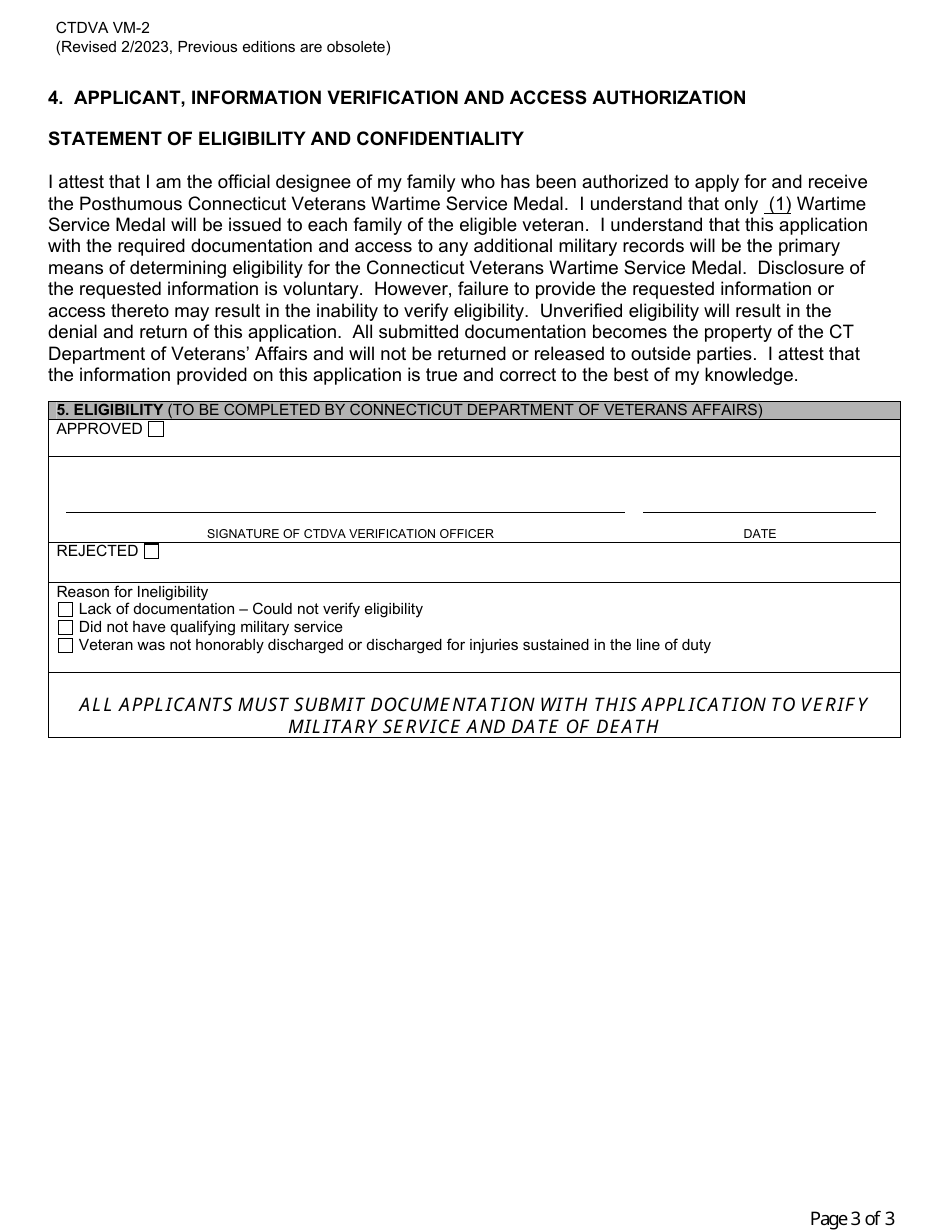 Form CTDVA VM-2 Posthumous Connecticut Veterans Wartime Service Medal Application - Connecticut, Page 3
