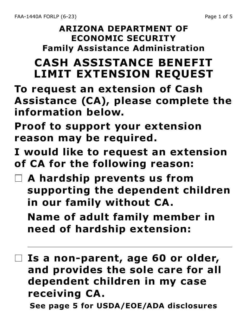 Form FAA-1440A-LP Cash Assistance Benefit Limit Extension Request - Large Print - Arizona, Page 1