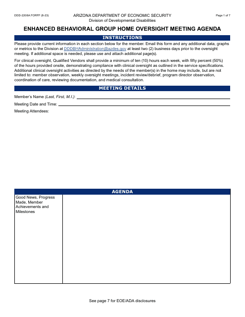 Form DDD-2206A Enhanced Behavioral Group Home Oversight Meeting Agenda - Arizona