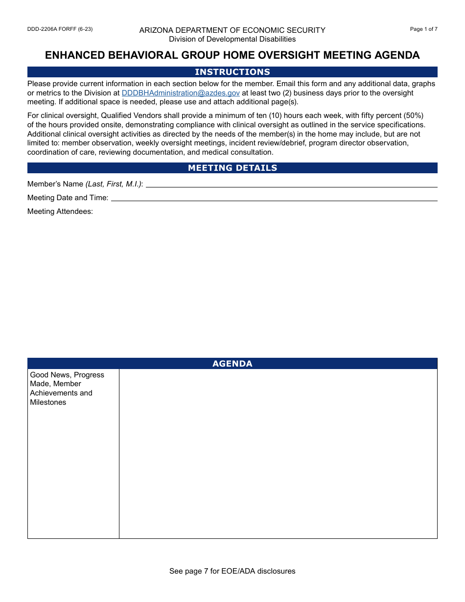 Form DDD-2206A Enhanced Behavioral Group Home Oversight Meeting Agenda - Arizona, Page 1
