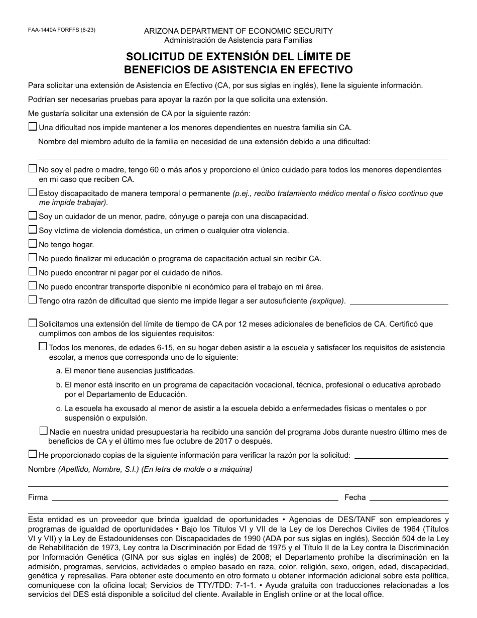 Formulario FAA-1440A-S Solicitud De Extension Del Lmite De Beneficios De Asistencia En Efectivo - Arizona (Spanish), Page 1