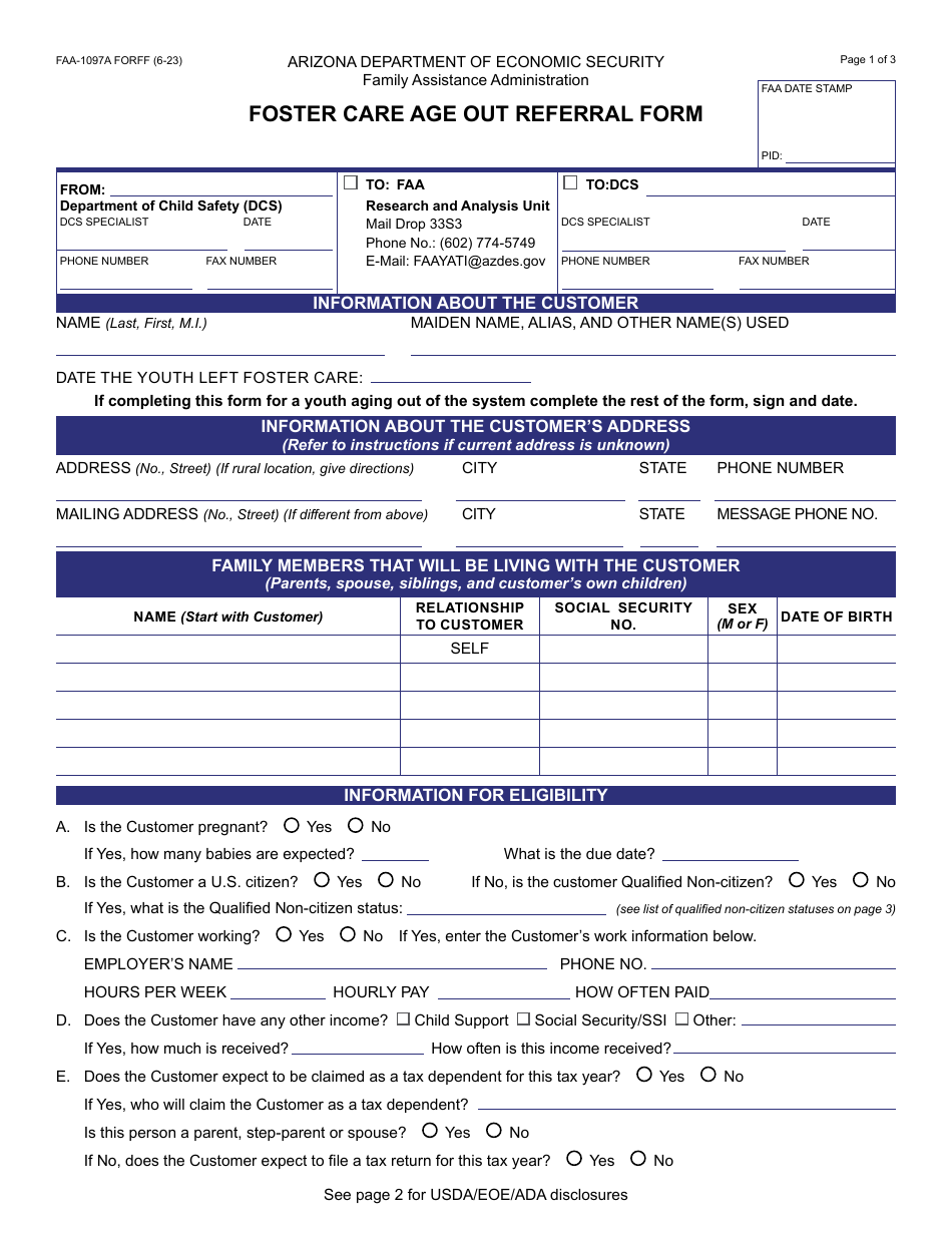 Form Faa 1097a Download Fillable Pdf Or Fill Online Foster Care Age Out Referral Form Arizona 5755