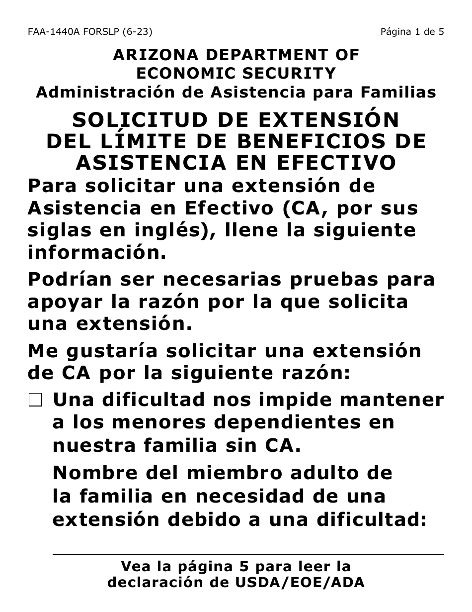 Formulario FAA-1440A-SLP Solicitud De Extension Del Limite De Beneficios De Asistencia En Efectivo - Arizona (Spanish), Page 1