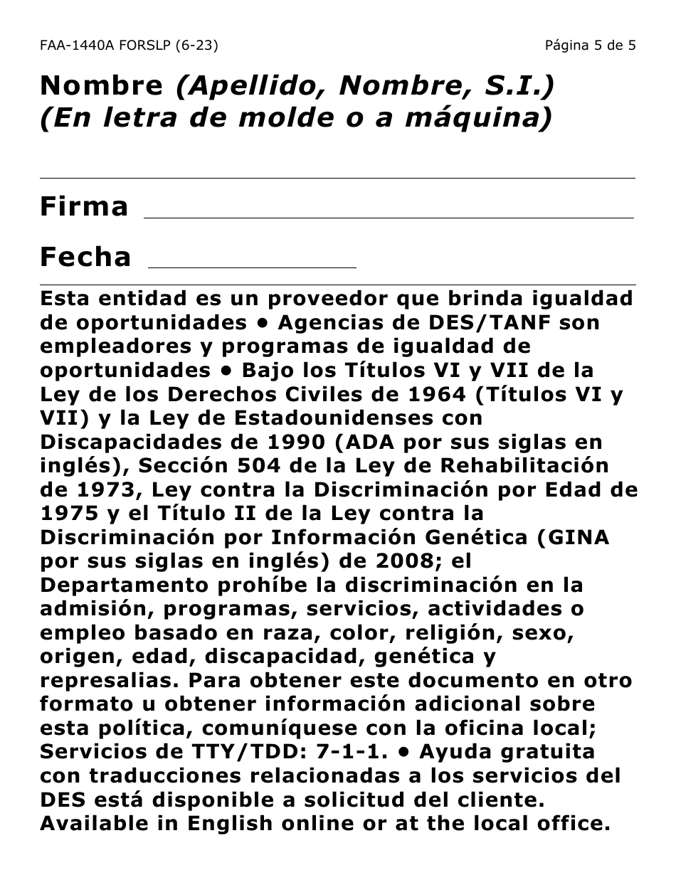 Formulario FAA-1440A-SLP Solicitud De Extension Del Limite De Beneficios De Asistencia En Efectivo - Arizona (Spanish), Page 5