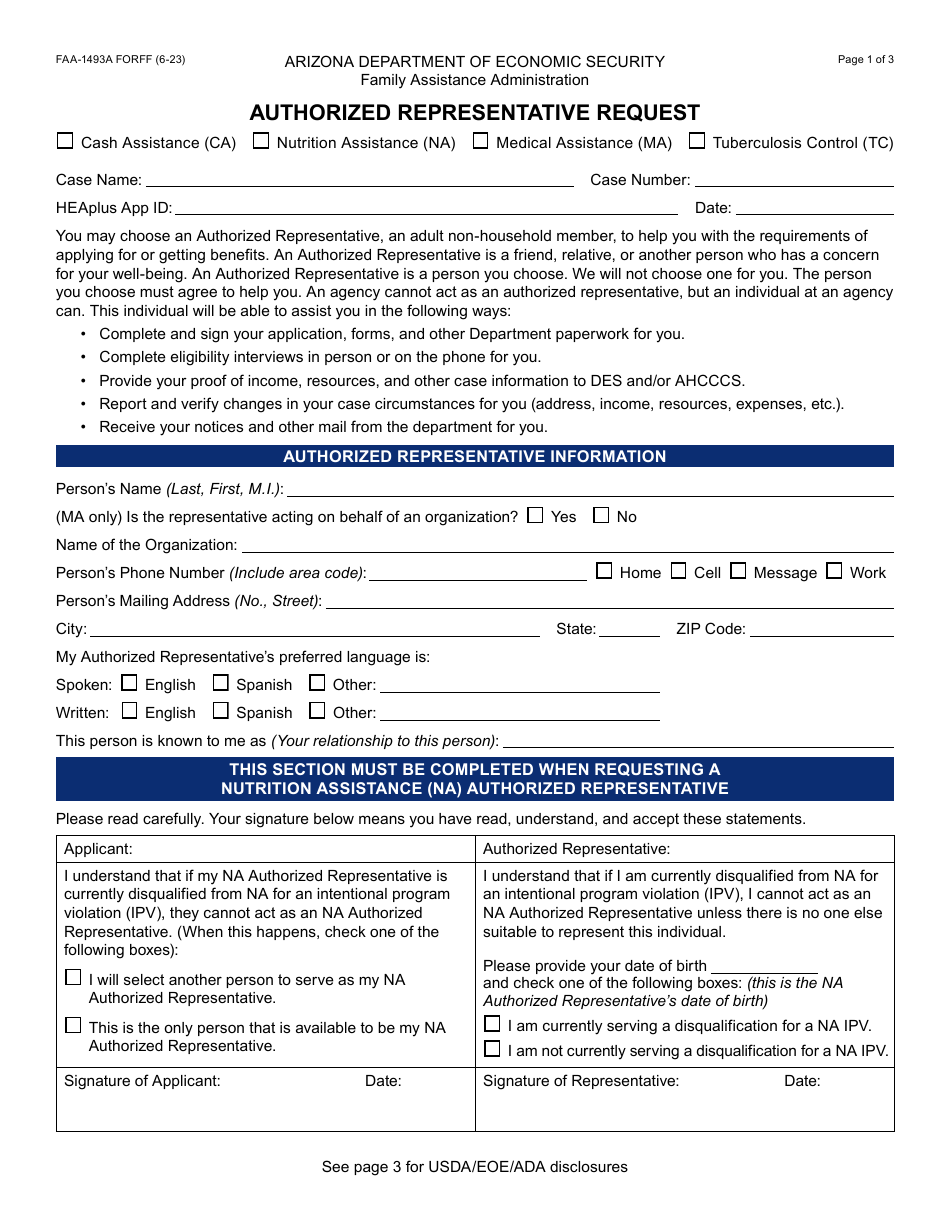 Form FAA-1493A Authorized Representative Request - Arizona, Page 1