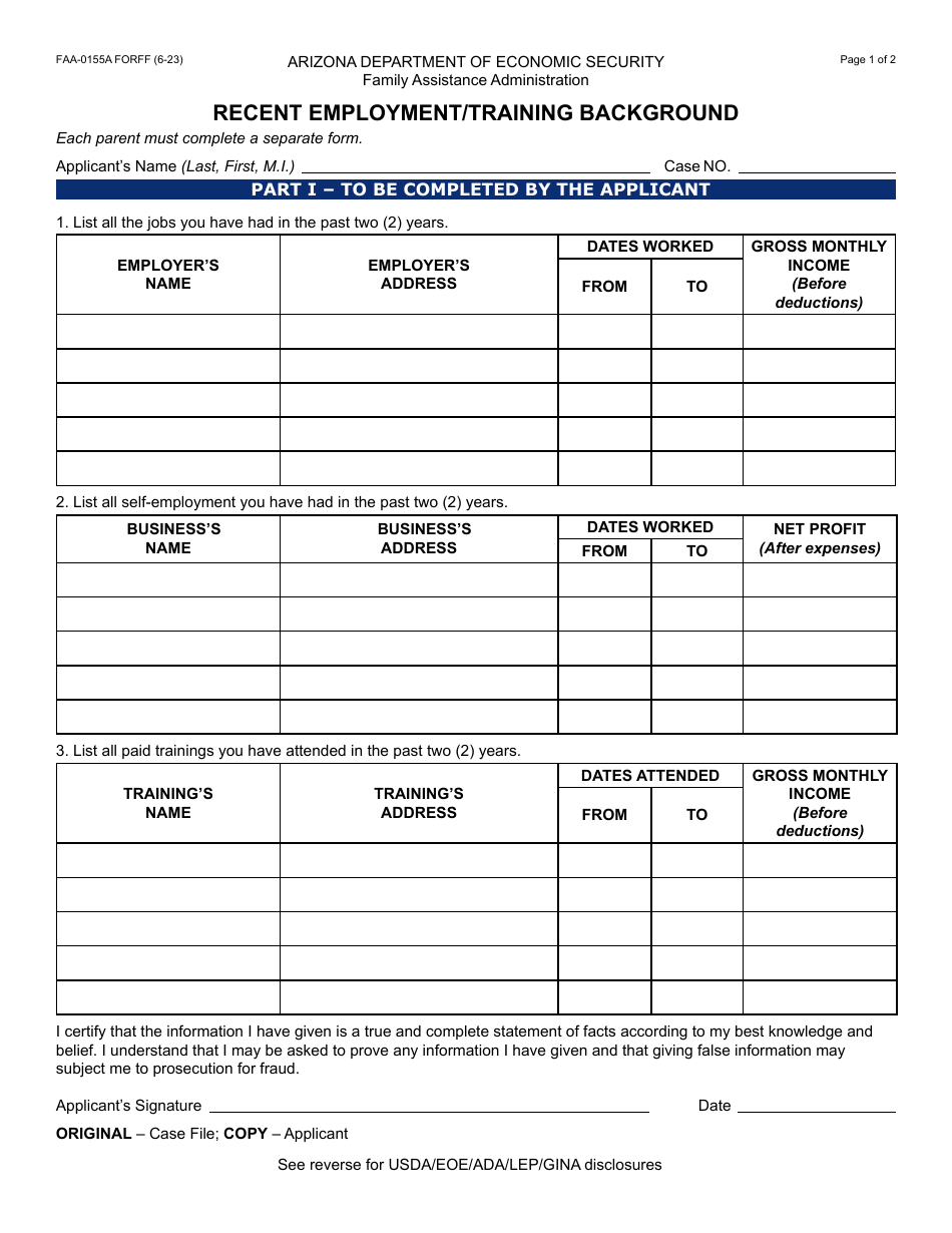 Form FAA-0155A Recent Employment / Training Background - Arizona, Page 1