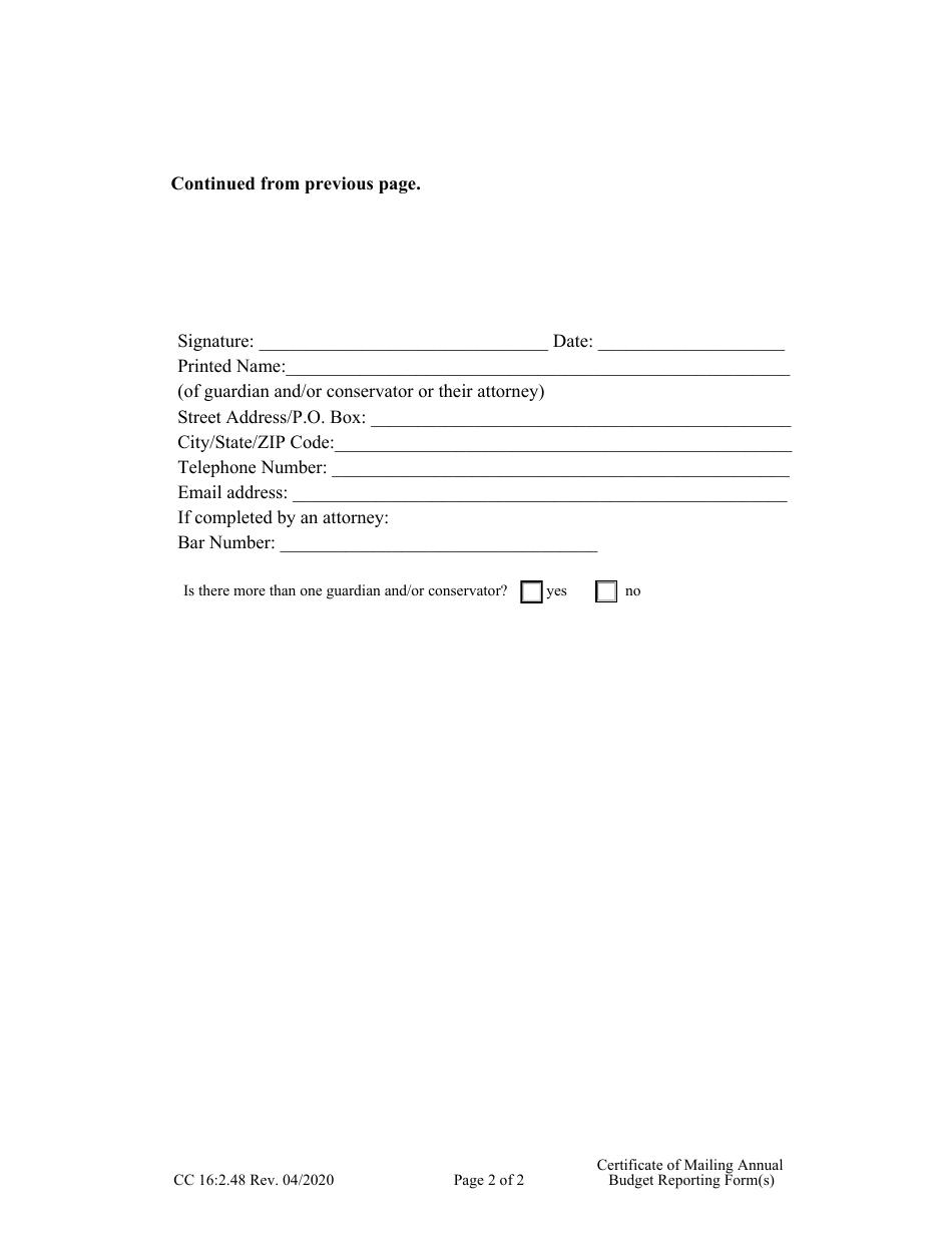 Form CC16:2.48 Certificate of Mailing Supplemental Annual Budget Reporting Form(S) - Nebraska, Page 2