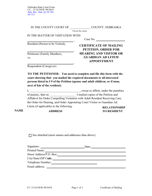 Form CC15:24 Certificate of Mailing Petition, Order for Hearing and Visitor or Guardian Ad Litem Appointment - Nebraska