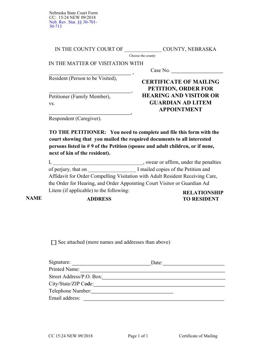 Form CC15:24 Certificate of Mailing Petition, Order for Hearing and Visitor or Guardian Ad Litem Appointment - Nebraska, Page 1