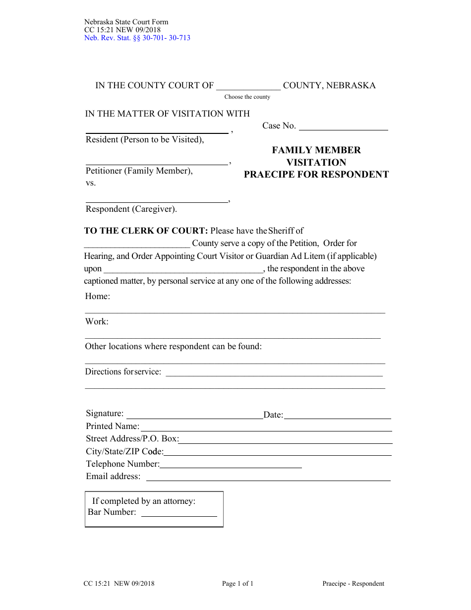Form CC15:21 Family Member Visitation Praecipe for Respondent - Nebraska, Page 1