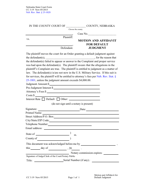 Form CC3:19 Motion and Affidavit for Default Judgment - Nebraska