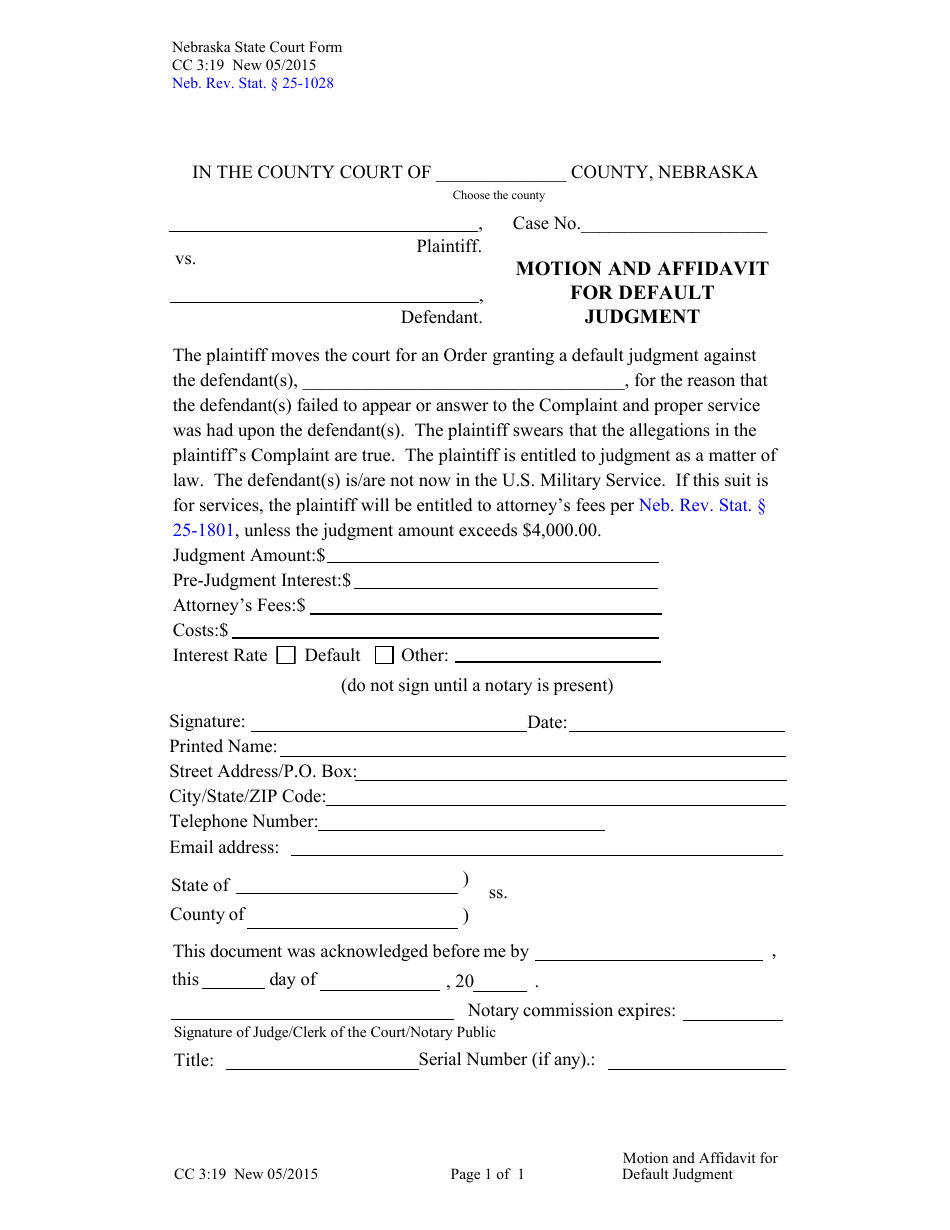 Form CC3:19 Motion and Affidavit for Default Judgment - Nebraska, Page 1