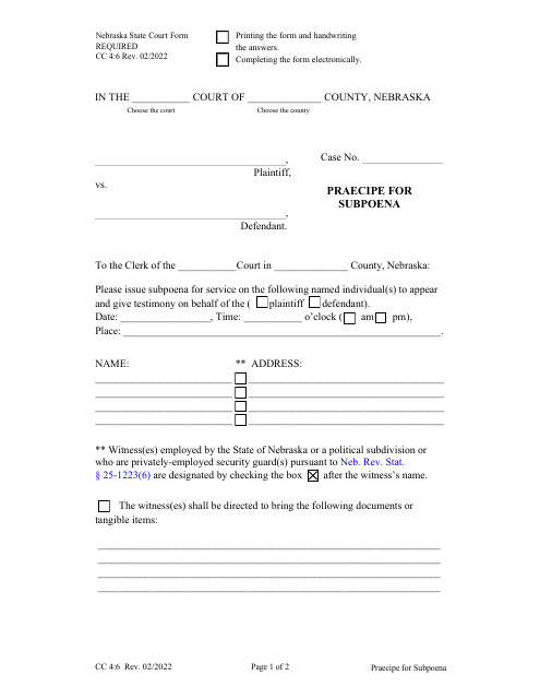 Form CC4:6 Praecipe for Subpoena - Nebraska