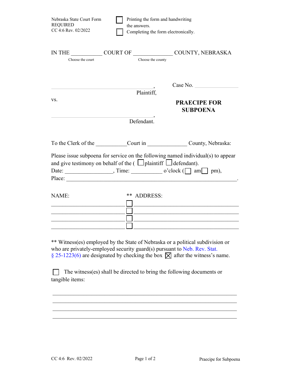 Form CC4:6 Praecipe for Subpoena - Nebraska, Page 1