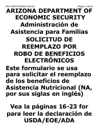 Formulario FAA-1847A-SXLP Solicitud De Reemplazo Por Robo De Beneficios Electronicos (Letra Extra Grande) - Arizona (Spanish)