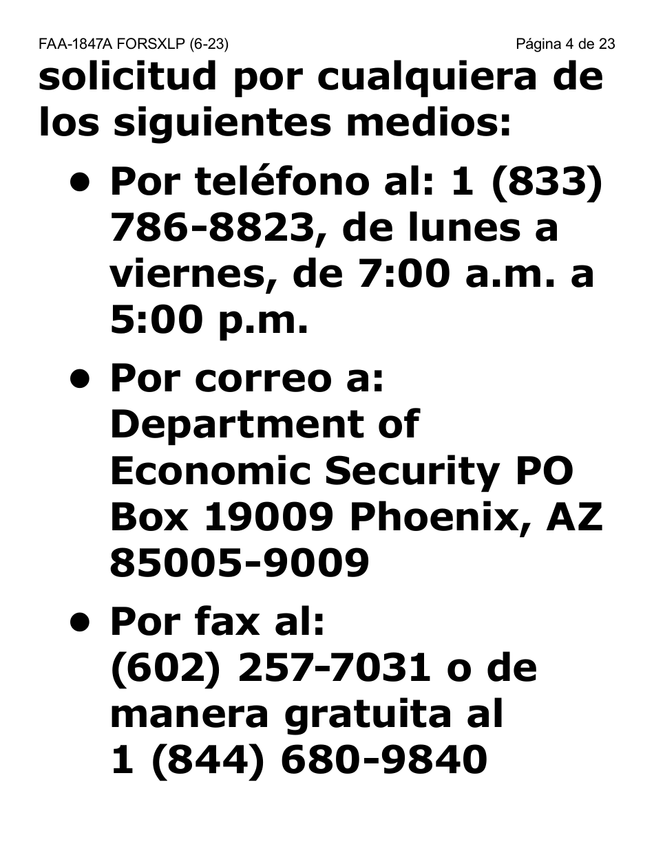 Formulario FAA-1847A-SXLP Solicitud De Reemplazo Por Robo De Beneficios Electronicos (Letra Extra Grande) - Arizona (Spanish), Page 4