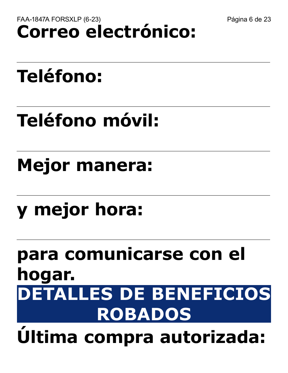 Formulario FAA-1847A-SXLP Solicitud De Reemplazo Por Robo De Beneficios Electronicos (Letra Extra Grande) - Arizona (Spanish), Page 6