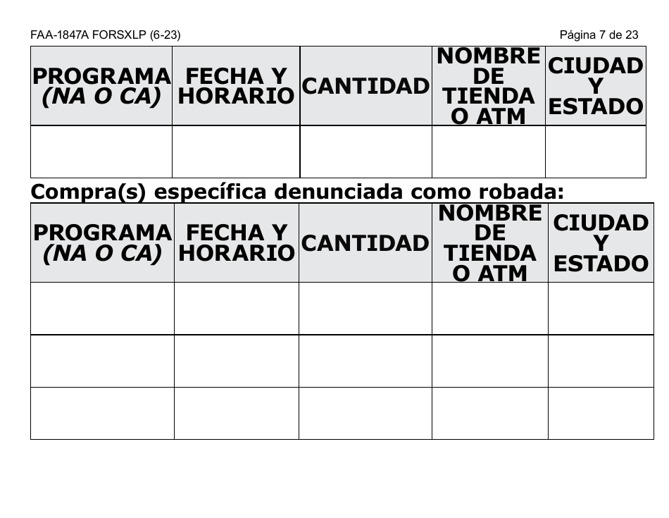 Formulario FAA-1847A-SXLP Solicitud De Reemplazo Por Robo De Beneficios Electronicos (Letra Extra Grande) - Arizona (Spanish), Page 7