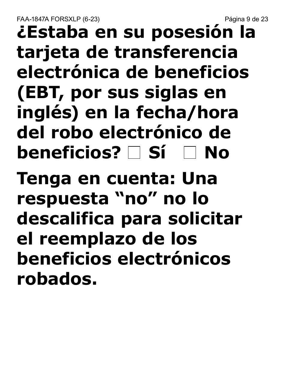 Formulario FAA-1847A-SXLP Solicitud De Reemplazo Por Robo De Beneficios Electronicos (Letra Extra Grande) - Arizona (Spanish), Page 9