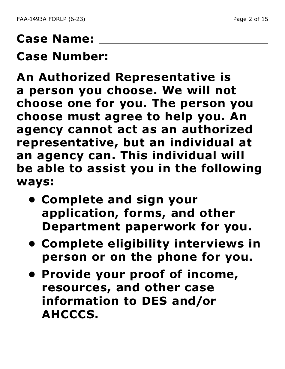 Formulario FAA-1493A-LP Authorized Representative Request - Large Print - Arizona (Spanish), Page 2