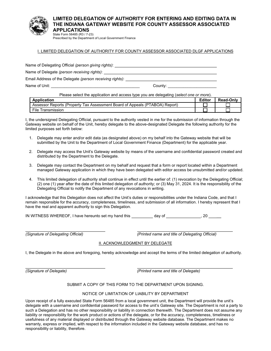 State Form 56485 Limited Delegation of Authority for Entering and Editing Data in the Indiana Gateway Website: Budget Access - Binding Review Units - Indiana, Page 1
