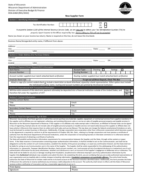 Form DOA-6460 New Supplier Form - Wisconsin
