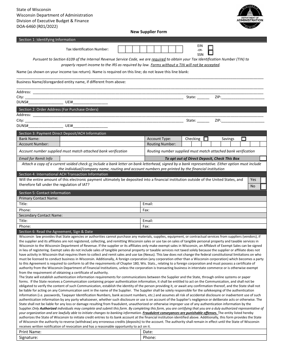 Form DOA-6460 New Supplier Form - Wisconsin, Page 1