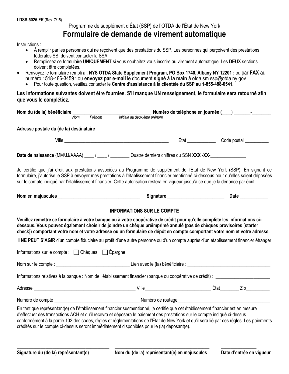 Form LDSS-5025-FR Direct Deposit Enrollment Form - New York (French), Page 1