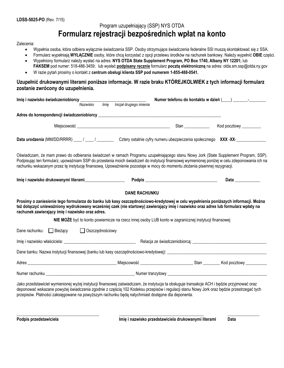 Form LDSS-5025-PO Direct Deposit Enrollment Form - New York (Polish), Page 1