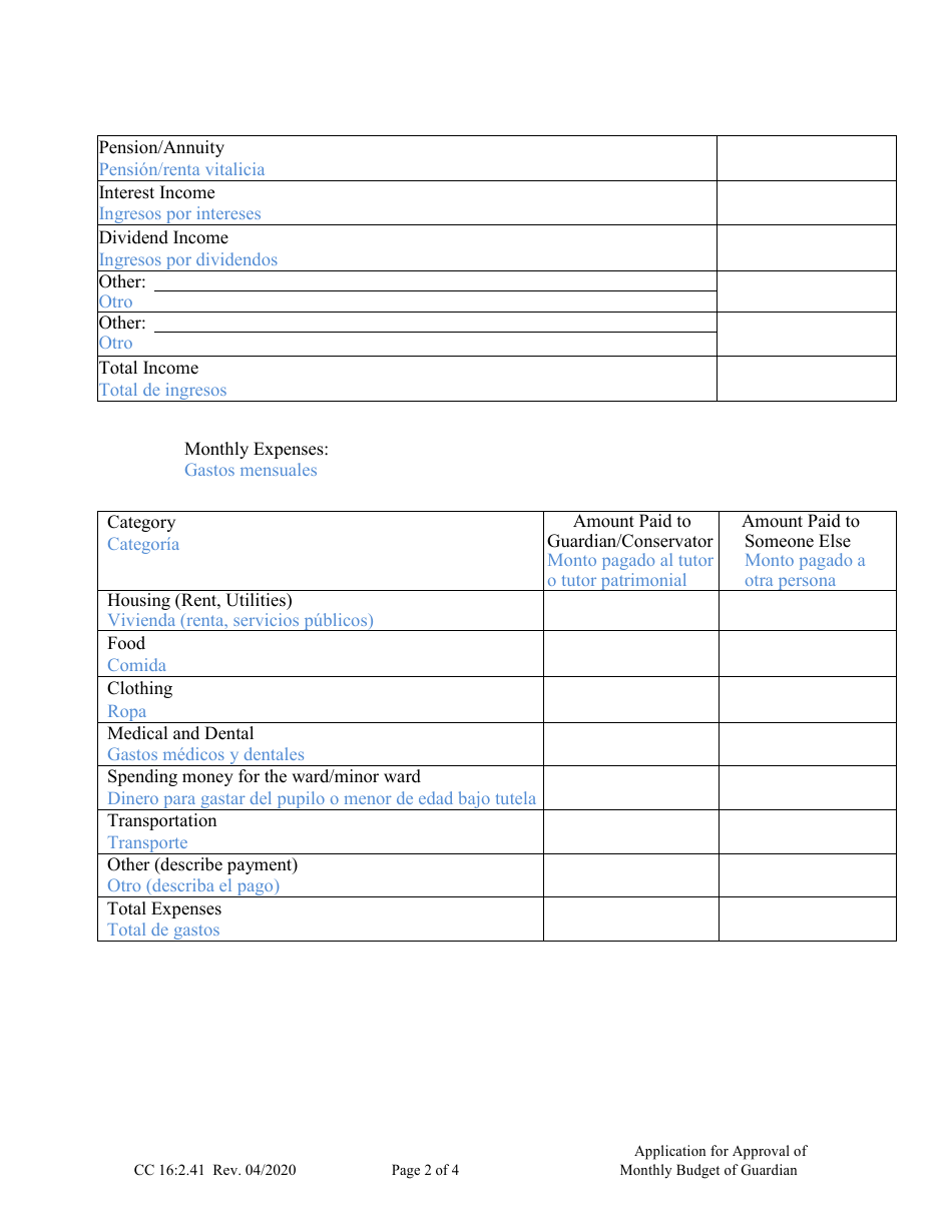 Form CC16:2.41 Application for Approval of Monthly Budget of Guardian - Nebraska (English / Spanish), Page 2