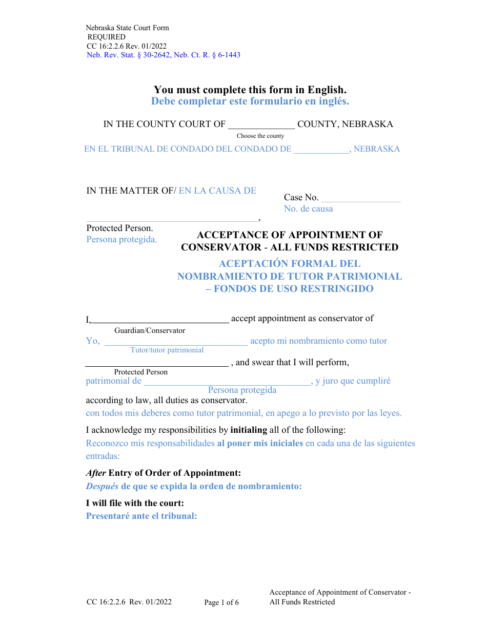 Form CC16:2.2.6 Acceptance of Appointment of Conservator - All Funds Restricted - Nebraska (English / Spanish), Page 1